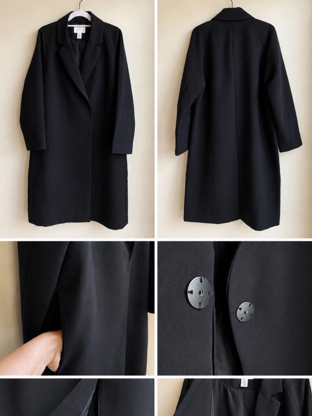 H&M Black Coat with Cream Neck Label